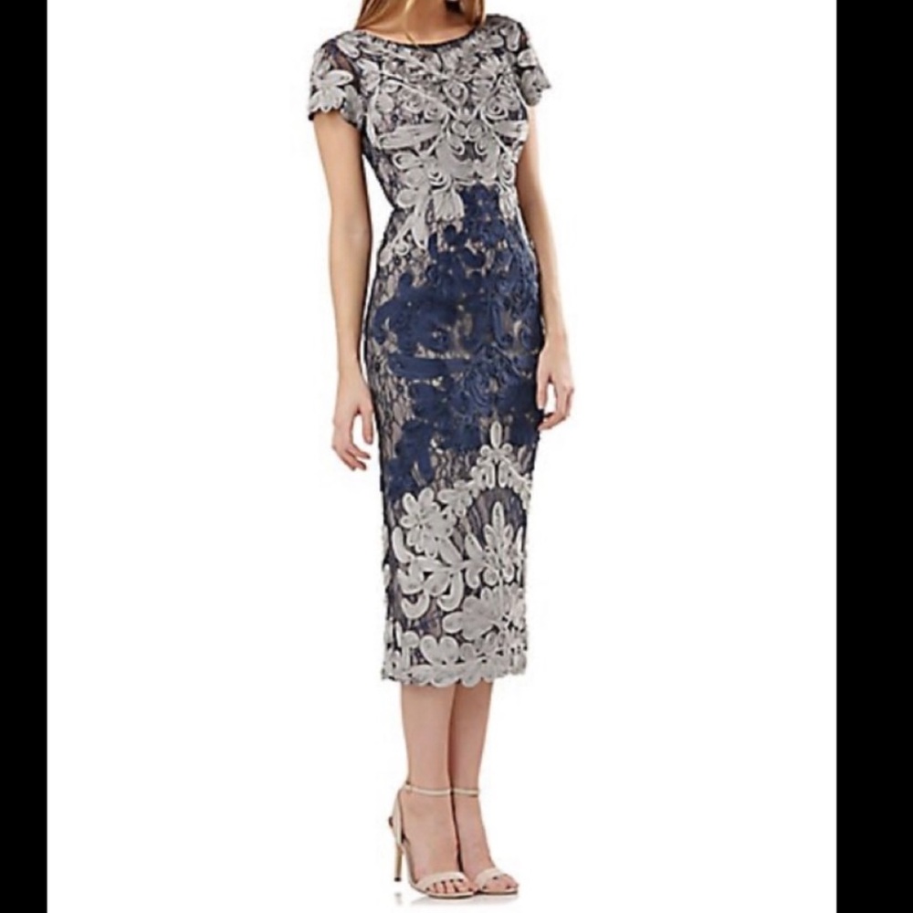 JS Collections boat neck two tone embroidered dress